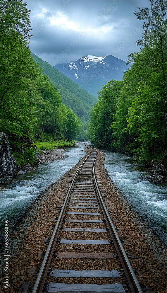 Fototapeta premium Scenic railway tracks between a river & forest with a mountain backdrop under a cloudy sky