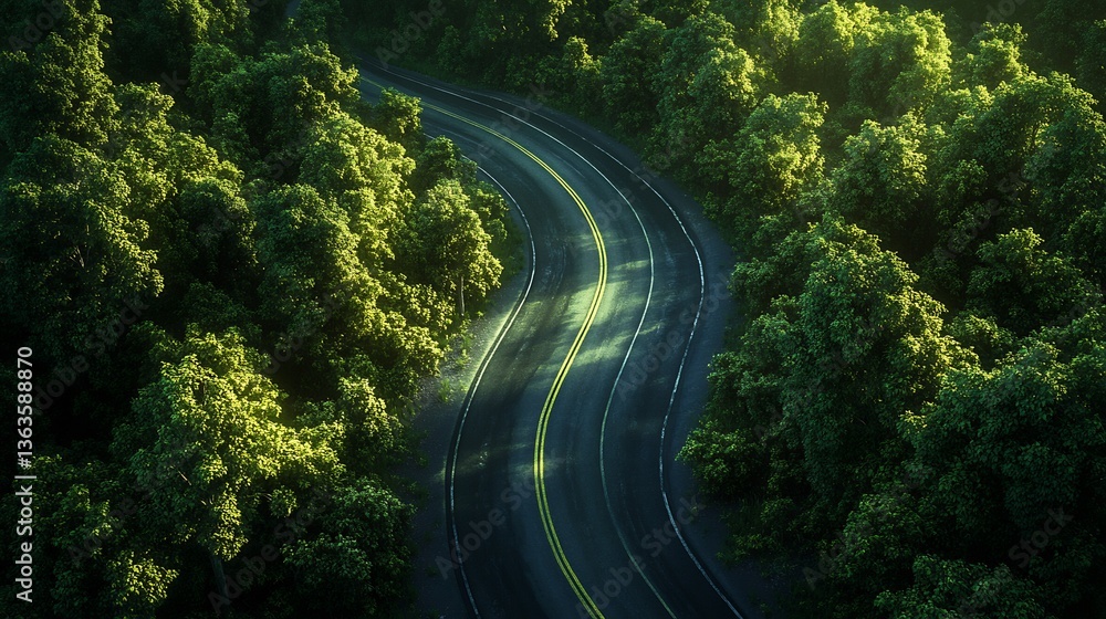 Fototapeta premium Aerial view of winding forest road dusk surrounded dense green tree ultra detailed texture cinematic lighting hyper realistic foliage high fidelity shadow photo realistic asphalt detail 8k resolution