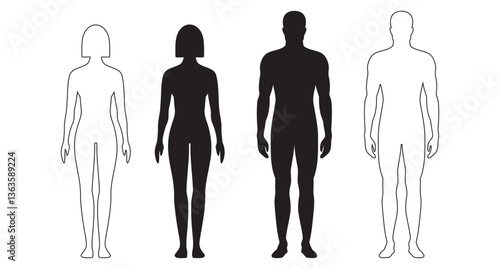 human body man and woman silhouette, male and female figure. vector monochrome isolated person outline standing full height. Outline and black people anatomy representation