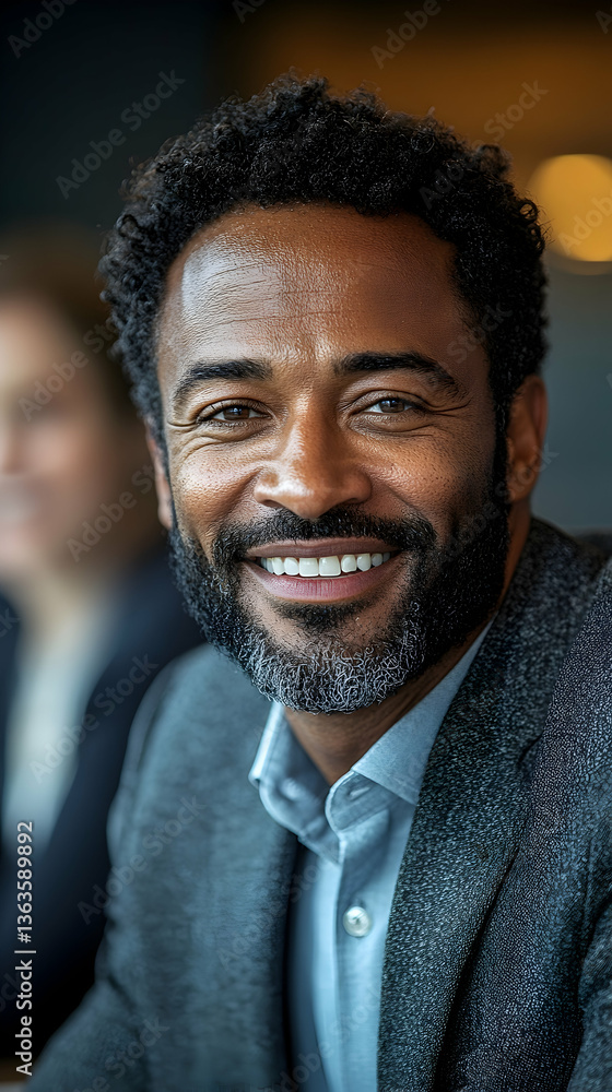 Smiling man with salt-and-pepper beard in grey blazer with blurred background Smiling man with salt-and-pepper beard in grey blazer with blurred background