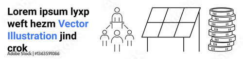 Group hierarchy chart, solar panel system, and stacked coins symbolizing teamwork, renewable energy, and financial growth. Ideal for sustainability, teamwork, energy, economics technology