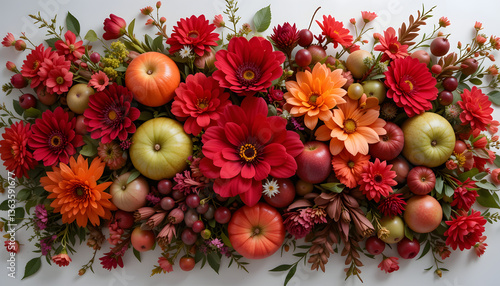 Vibrant red flowers and fresh fruits create stunning display, showcasing beauty of natures bounty. arrangement evokes sense of joy and abundance
