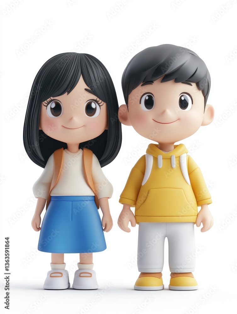 Cartoon Boy and Girl Standing Together Wearing Backpacks Ready for School Cartoon Boy and Girl Standing Together Wearing Backpacks Ready for School