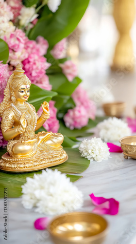 Traditional gold plated goddess lakshmi idol with floral decoration for spiritual decor