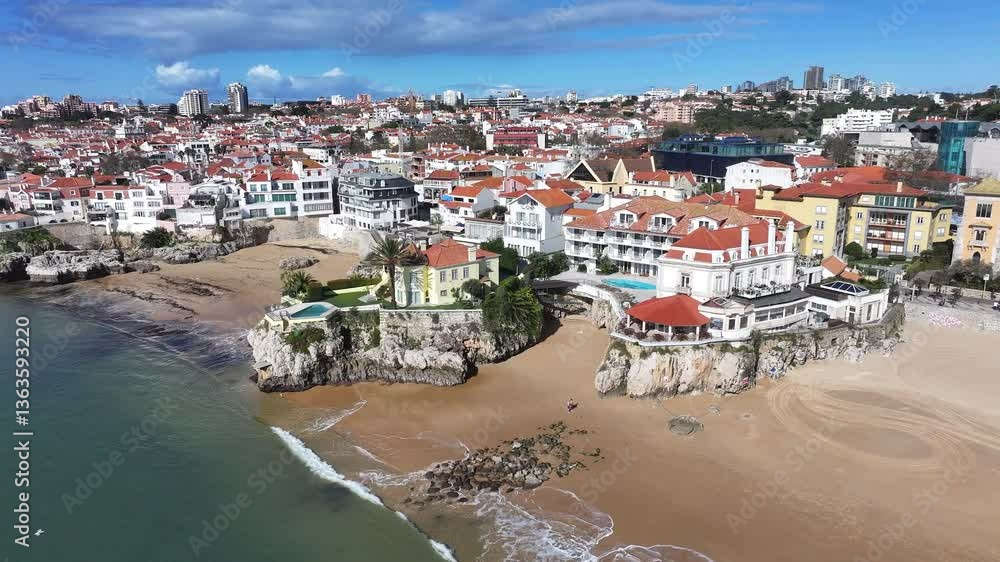 Cascais Skyline At Cascais District Of Lisbon Portugal. Aerial View Of A Bustling City With High-Rise Buildings And Traffic. Coast Sky Seaside Summertime. Seaside Beach Panning Wide. Cascais Skyline At Cascais District Of Lisbon Portugal. Aerial View Of A Bustling City With High-Rise Buildings And Traffic. Coast Sky Seaside Summertime. Seaside Beach Panning Wide.
