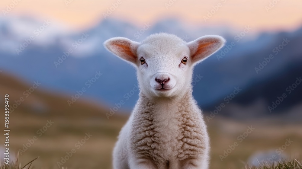Fototapeta premium Cute lamb in mountain pasture