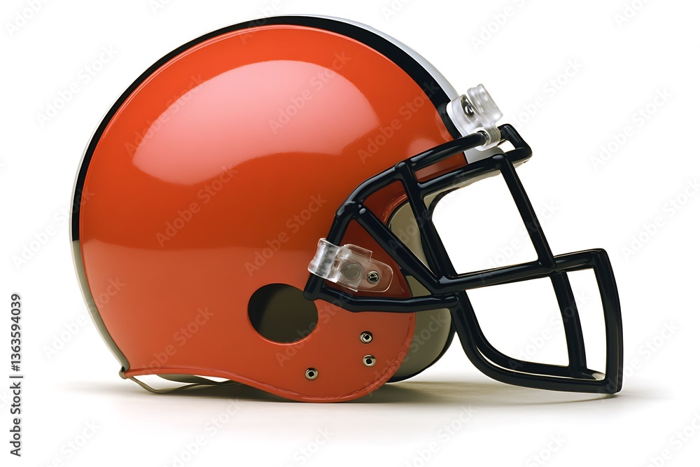 An orange football helmet with a black face mask is shown An orange football helmet with a black face mask is shown