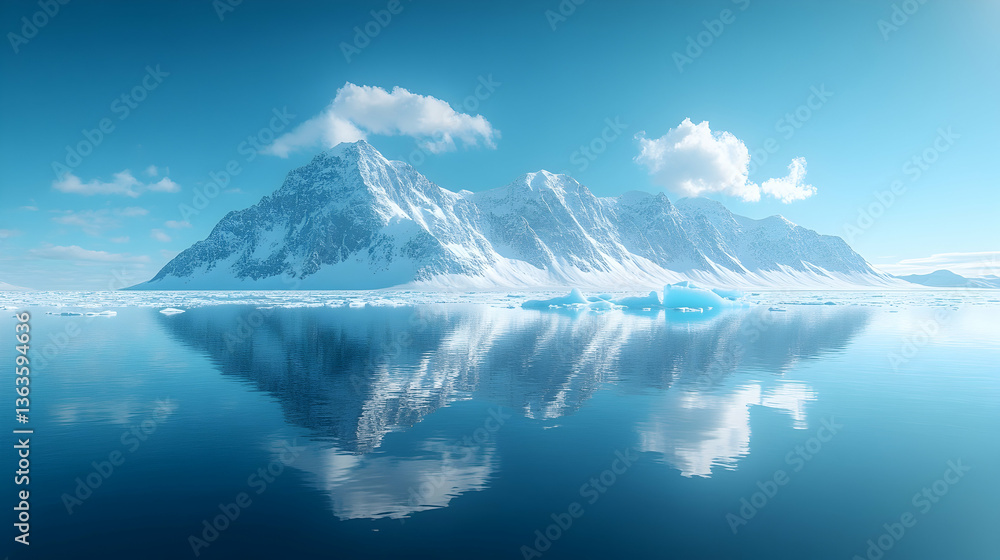 Fototapeta premium Snowy mountains reflect in calm, blue arctic water under a bright sky