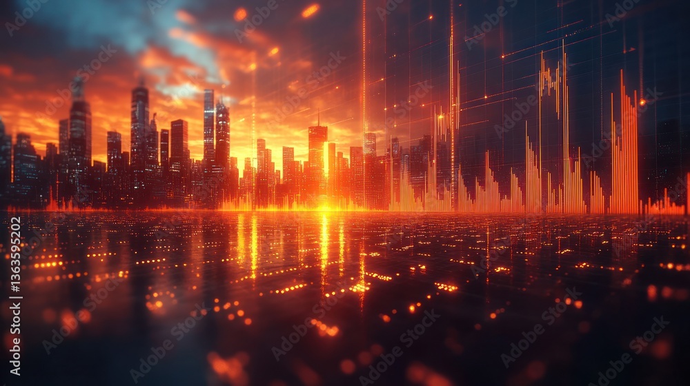 Obraz premium Futuristic city skyline at sunset with vibrant digital effects.