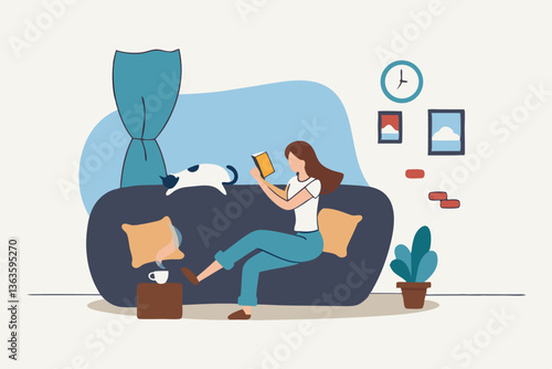 Relaxation lifestyle, comfortable at home or calm, cosy wellbeing or enjoy reading books, positive emotion, chill or reduce anxiety concept, young woman relax reading book while playing with pet.