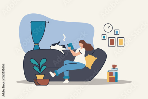 Relaxation lifestyle, comfortable at home or calm, cosy wellbeing or enjoy reading books, positive emotion, chill or reduce anxiety concept, young woman relax reading book while playing with pet.
