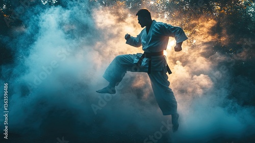 Wallpaper Mural A silhouetted martial artist performing a dynamic jump in a cloud of mist Torontodigital.ca