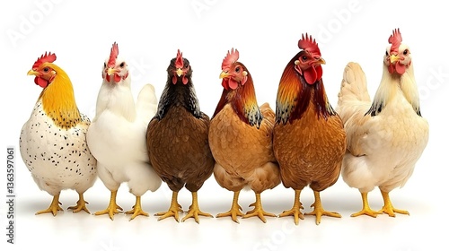 A group of various colorful chickens standing closely together