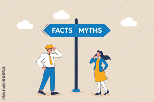 Fact vs Myth, truth or false information to make decision, belief or fiction to choose to believe, trustworthy, fraud or wrong direction concept, business people at Facts vs Myths directional sign.