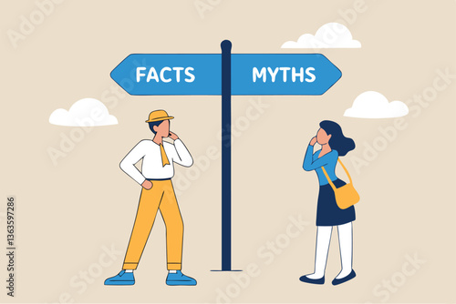 Fact vs Myth, truth or false information to make decision, belief or fiction to choose to believe, trustworthy, fraud or wrong direction concept, business people at Facts vs Myths directional sign.