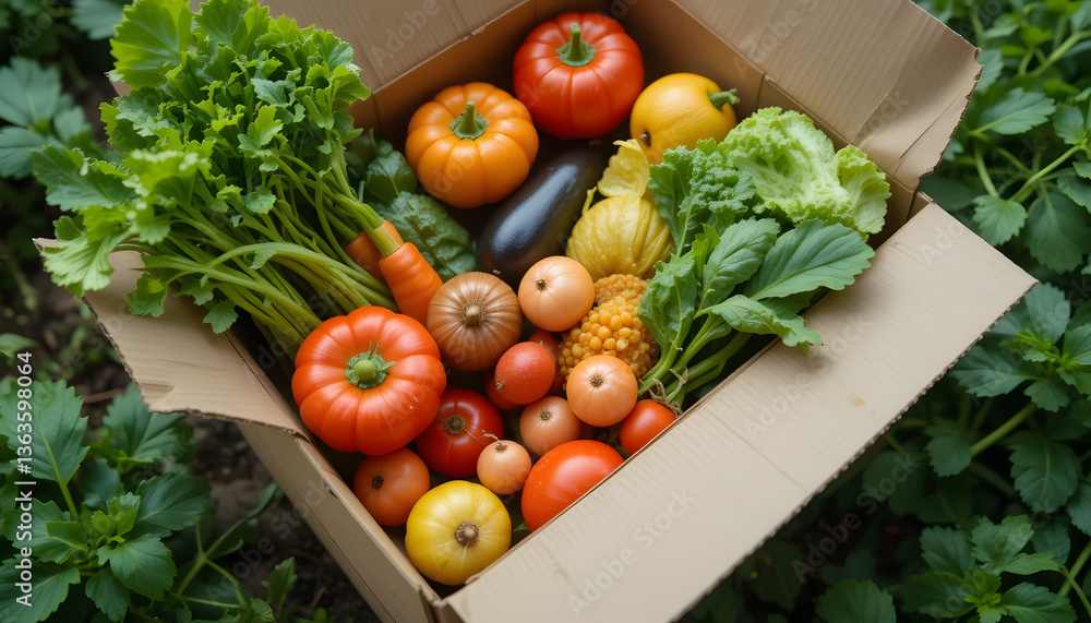 Healthy organic farm grown vegetables and fruits in a delivery cardboard high angle view.