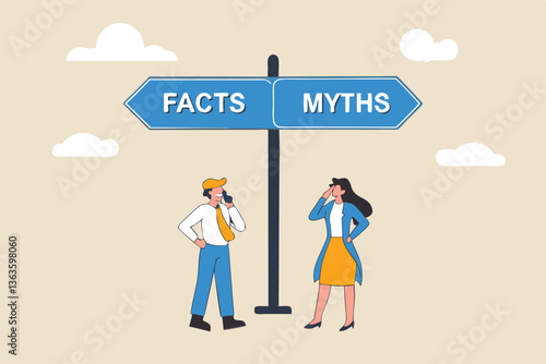 Fact vs Myth, truth or false information to make decision, belief or fiction to choose to believe, trustworthy, fraud or wrong direction concept, business people at Facts vs Myths directional sign.