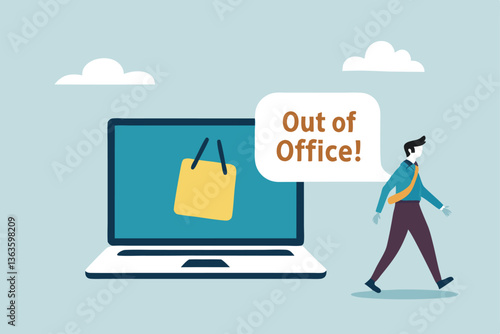 Out of office notice message, vacation or holiday leave sticky on laptop, note or summer break announcement, email notification concept, businessman leave out of office message on computer laptop.