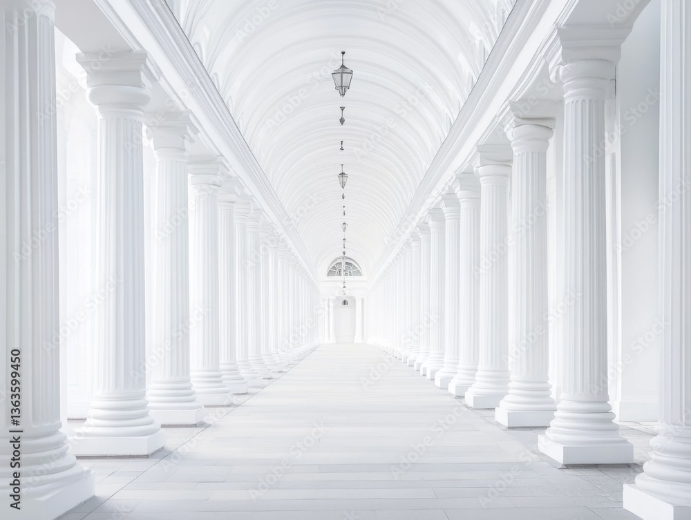 Obraz premium White background, bright and clean scene, long corridor with white columns on both sides, symmetrical composition 