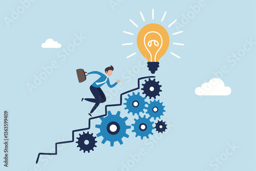 Best practices development, strategy to success or improvement, planning, progress or implementation process, efficiency or productivity concept, businessman running up stair on cogwheel gears system.