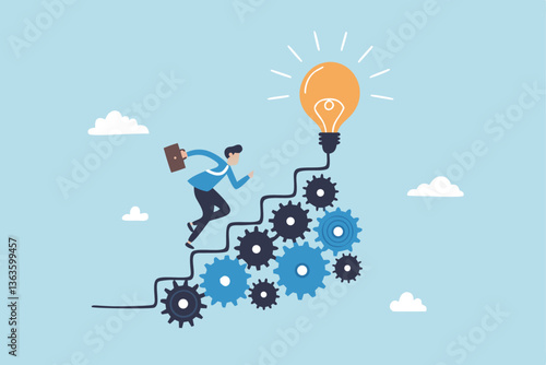Best practices development, strategy to success or improvement, planning, progress or implementation process, efficiency or productivity concept, businessman running up stair on cogwheel gears system.