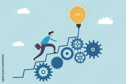 Best practices development, strategy to success or improvement, planning, progress or implementation process, efficiency or productivity concept, businessman running up stair on cogwheel gears system.