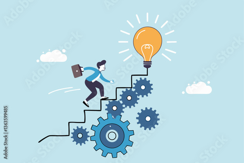 Best practices development, strategy to success or improvement, planning, progress or implementation process, efficiency or productivity concept, businessman running up stair on cogwheel gears system.