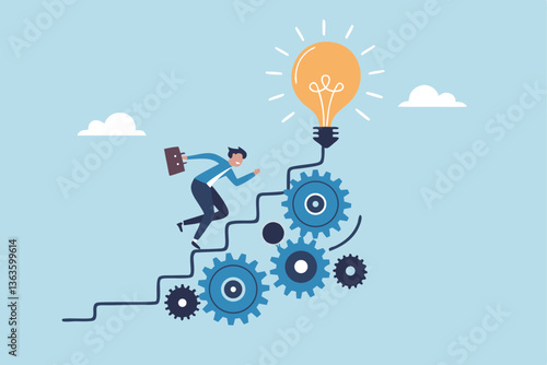 Best practices development, strategy to success or improvement, planning, progress or implementation process, efficiency or productivity concept, businessman running up stair on cogwheel gears system.