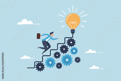 Best practices development, strategy to success or improvement, planning, progress or implementation process, efficiency or productivity concept, businessman running up stair on cogwheel gears system.