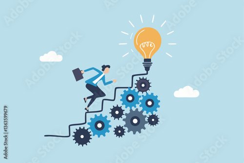 Best practices development, strategy to success or improvement, planning, progress or implementation process, efficiency or productivity concept, businessman running up stair on cogwheel gears system.