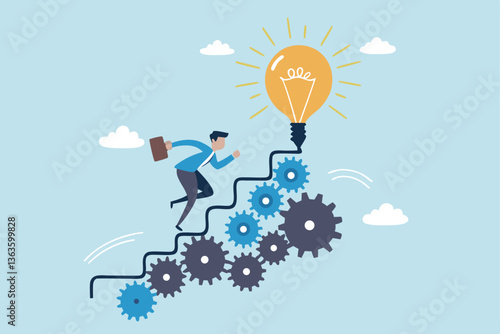 Best practices development, strategy to success or improvement, planning, progress or implementation process, efficiency or productivity concept, businessman running up stair on cogwheel gears system.