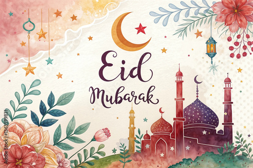 Elegant Eid Mubarak greeting card with floral watercolor background, crescent moon, mosque silhouette and traditional lanterns.