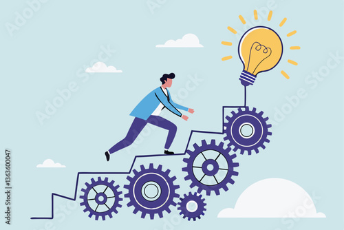 Best practices development, strategy to success or improvement, planning, progress or implementation process, efficiency or productivity concept, businessman running up stair on cogwheel gears system.