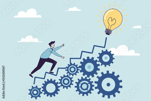 Best practices development, strategy to success or improvement, planning, progress or implementation process, efficiency or productivity concept, businessman running up stair on cogwheel gears system.