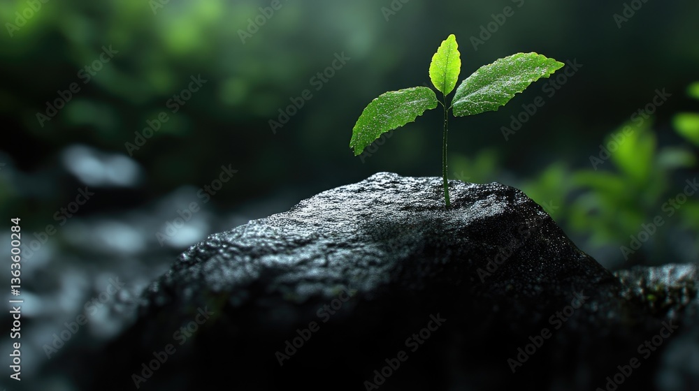Tiny sprout emerging from a rock, surrounded by lush greenery