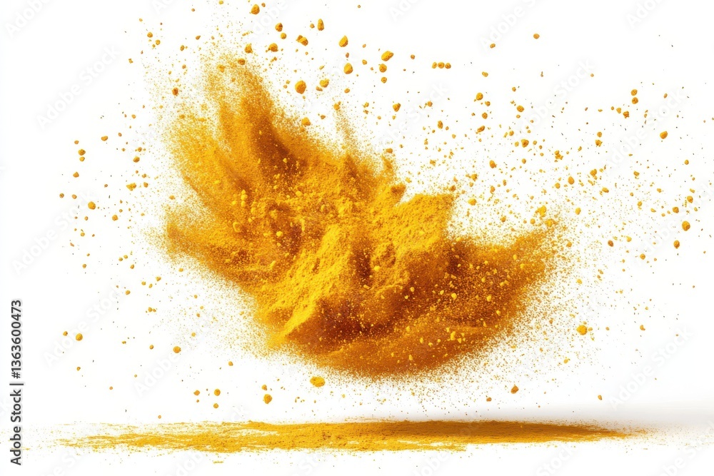 Obraz premium Explosion of vibrant yellow powder against a clean white backdrop in a dynamic composition