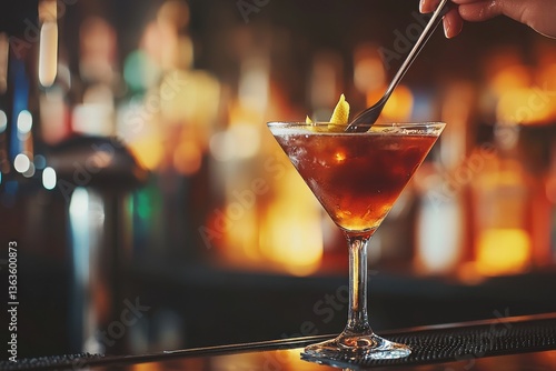 Elegant brown cocktail in a martini glass being stirred with a spoon, garnished with lemon zest, ready to be served in a dimly lit, upscale bar atmosphere.