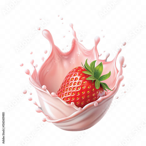 realistic 3d strawberry splashing into milk isolated on white background 