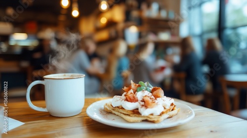 Wallpaper Mural Coffee and waffle on a table in a cozy, blurred caf? atmosphere Torontodigital.ca