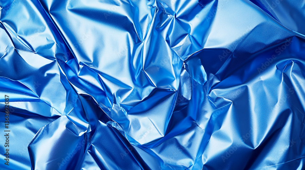 A close up shot of crumpled blue foil reflecting light creating an abstract metallic background texture A close up shot of crumpled blue foil reflecting light creating an abstract metallic background texture