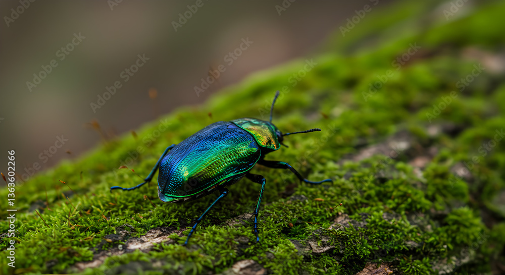Iridescent beetle resting on verdant moss-covered bark in a natural environment Iridescent beetle resting on verdant moss-covered bark in a natural environment