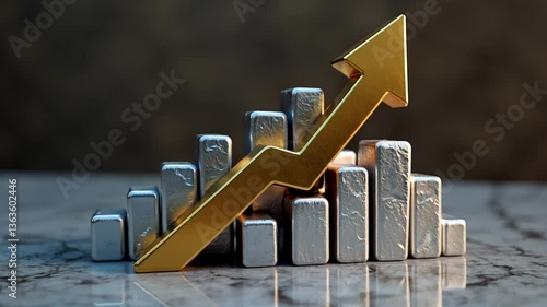 Animated silver ingots forming a stock market graph with a shiny gold arrow going up representing the increase in value of precious metals, business trading and investment background