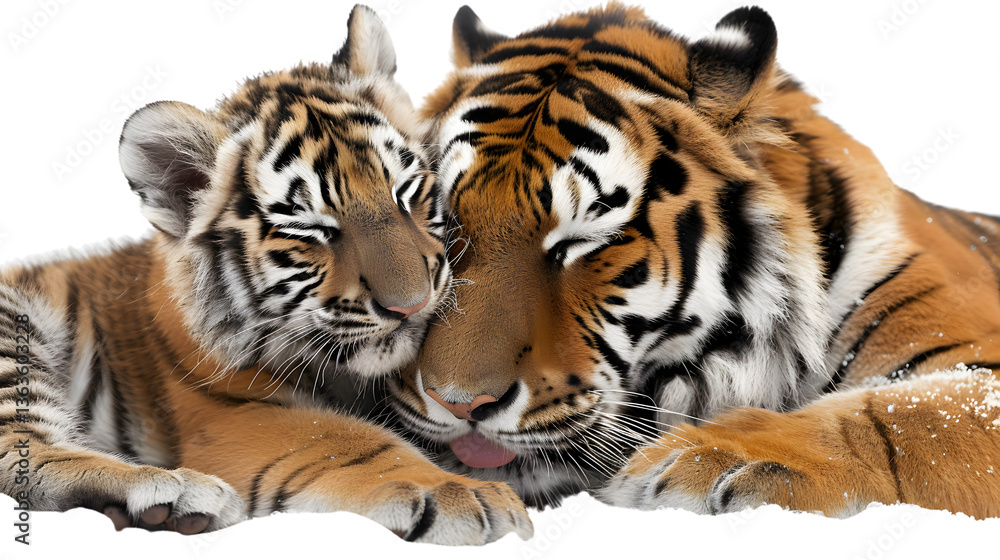 Obraz premium Tiger Cub and Mother Napping in the Snow