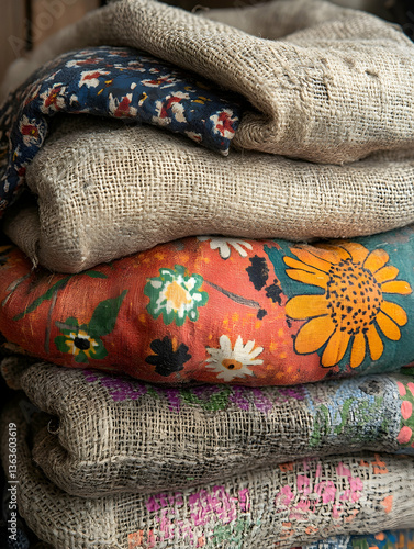 Stacked colorful fabrics in various patterns and textures