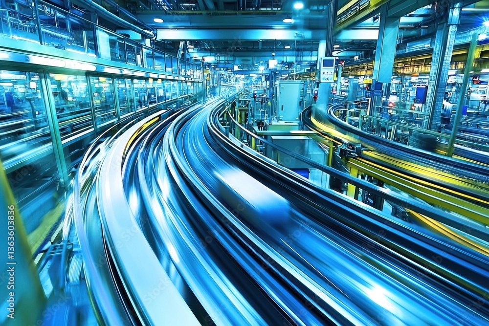 Automated conveyor system in a modern industrial facility, showcasing movement and efficiency with blurred motion and vibrant blue and yellow tones, highlighting technological advancement. Automated conveyor system in a modern industrial facility, showcasing movement and efficiency with blurred motion and vibrant blue and yellow tones, highlighting technological advancement.