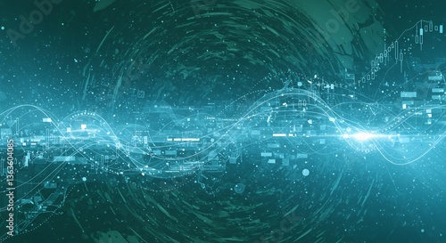 Abstract teal data wave glowing in dark space. AI Generated
