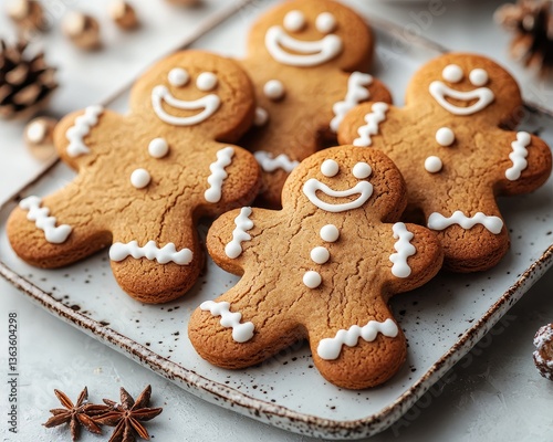 Gingerbread cookies decorated with icing on a festive plate surrounded by pinecones