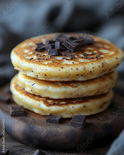 Stacked pancakes topped with chocolate chunks on a rustic wooden board