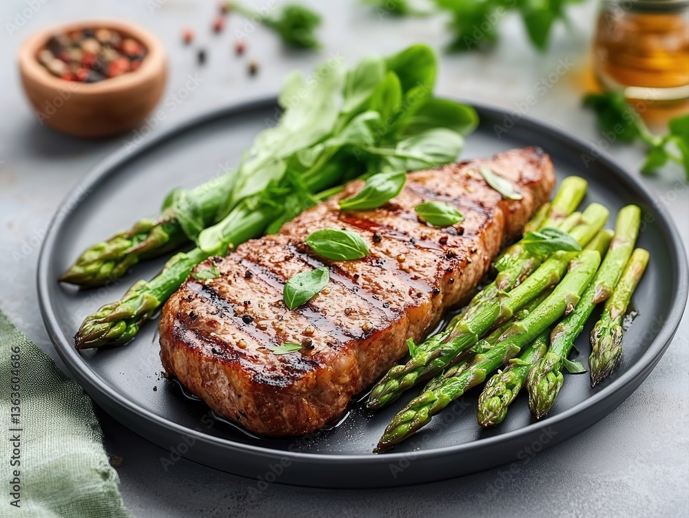 Grilled steak with fresh asparagus and basil served on a dark plate for a summer dining experience Grilled steak with fresh asparagus and basil served on a dark plate for a summer dining experience