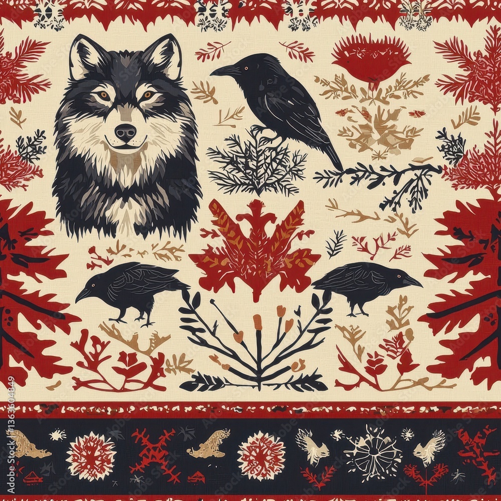 Obraz premium seamless Heartwarming scene of a dog and a bird on a floral background illustrating the bond between animals and nature